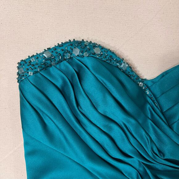 David's Bridal Satin A Line Draped Gown Beaded Neckline Strapless Turquoise - Picture 7 of 13
